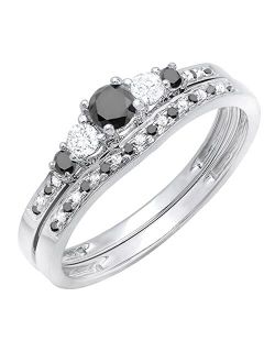 Collection 0.45 Carat (ctw) Round Black And White Diamond 5 Stone Alternating Style Engagement Ring Set for Her | Available in 10K Gold