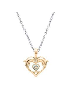 Collection 0.05 Carat (ctw) 10K Gold Round White Diamond Ladies Heart Shape Double Dolphin Pendant