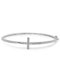 Collection 0.10 Carat (ctw) Round Cut White Diamond Ladies Sideways Cross Bangle Bracelet 1/10 CT, Sterling Silver