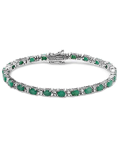 Dazzlingrock Collection Oval Emerald & Round White Topaz Ladies Tennis Bracelet, Sterling Silver