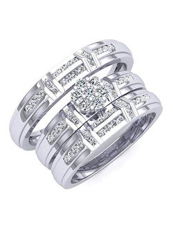 Collection 0.50 Carat (ctw) Round White Diamond Men's & Women's Cluster Engagement Ring Trio Bridal Set 1/2 CT, 10K White Gold