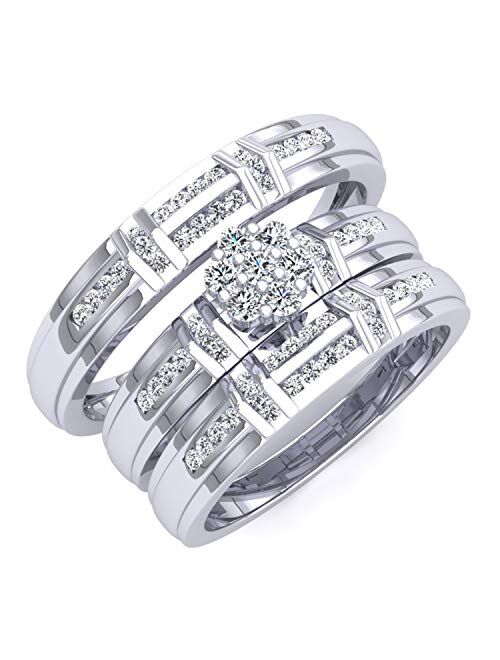 Dazzlingrock Collection 0.50 Carat (ctw) Round White Diamond Men's & Women's Cluster Engagement Ring Trio Bridal Set 1/2 CT, 10K White Gold