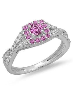 Collection 14K Gold Round Pink Sapphire & White Diamond Swirl Split Shank Engagement Ring