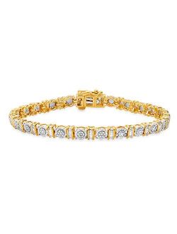 Collection 0.25 Carat (ctw) Round & Baguette White Diamond Ladies Illusion Tennis Bracelet 1/4 CT, White & Yellow Gold Plated Two Tone Sterling Silver