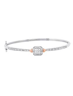 Collection 0.25 Carat (ctw) Round White Diamond Octagon Frame Cluster Dual Heart Beaded Style Bangle Bracelet for Her 1/4 CT, White & Rose Gold Plated Two To