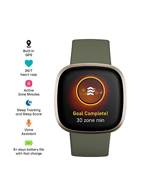 Fitbit Versa 3 Health & Fitness Smartwatch with GPS, 24/7 Heart Rate, Alexa Built-in, 6+ Days Battery, Olive/Soft Gold, One Size (S & L Bands Included)…