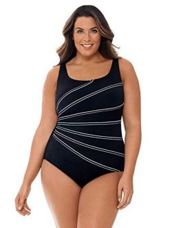 Longitude Women's Swimwear 7-Overlay Fan Tank Tummy Control Soft Cup One Piece Swimsuit