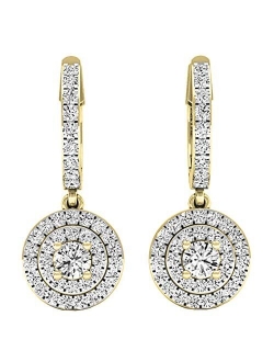 Collection 1.00 Carat (ctw) 10K Gold Round Lab Grown White Diamond Ladies Halo Dangling Earrings 1 CT