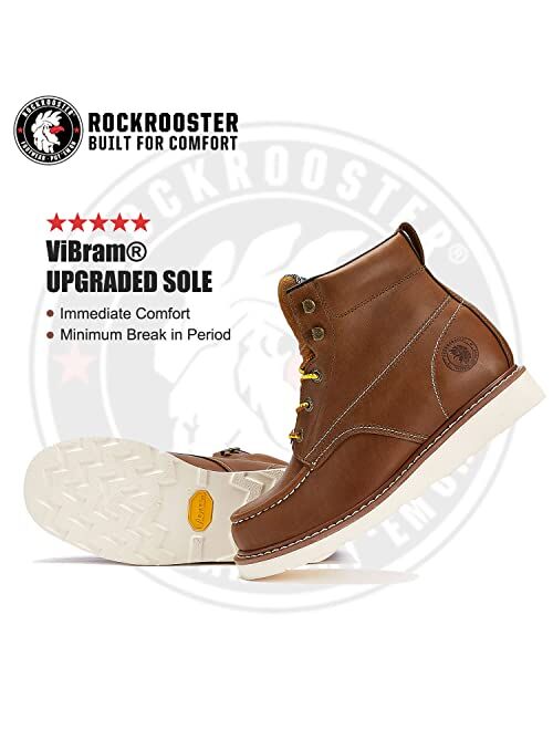 Rockrooster Edgewood Men's Work Boots, 6" Soft Toe Comfortable Leather Boot, Upgraded Vibram Wedge Sole Boots, Arch Support Anti-Fatigue Shoes, Electric Hazard Safety Boo