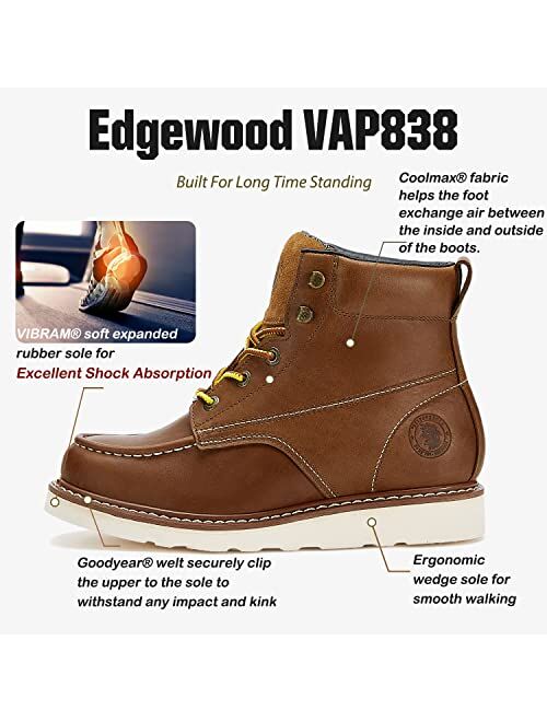 Rockrooster Edgewood Men's Work Boots, 6" Soft Toe Comfortable Leather Boot, Upgraded Vibram Wedge Sole Boots, Arch Support Anti-Fatigue Shoes, Electric Hazard Safety Boo