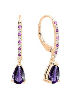Collection 10K 8X5 MM Pear & Round Gemstone & Round Diamond Ladies Teardrop Dangling Drop Earrings, Rose Gold