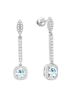 Collection 10K 6 MM Each Round Gemstone & White Diamond Ladies Halo Style Dangling Drop Earrings, White Gold