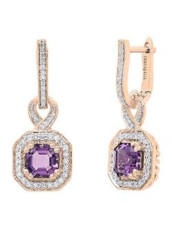 Collection 10K 6.5 MM Asscher Gemstone & Round White Diamond Ladies Halo Dangling Drop Earrings, Rose Gold
