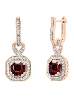 Collection 10K 6.5 MM Asscher Gemstone & Round White Diamond Ladies Halo Dangling Drop Earrings, Rose Gold