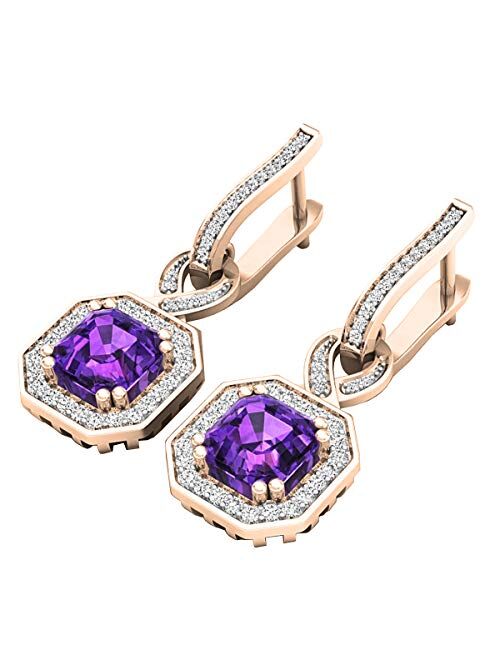 Dazzlingrock Collection 10K 6.5 MM Asscher Gemstone & Round White Diamond Ladies Halo Dangling Drop Earrings, Rose Gold