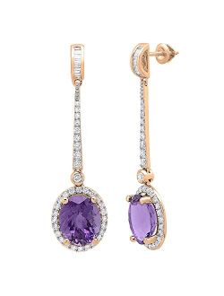 Collection 11X9mm Each Oval Gemstone with Round & Baguette Diamond Graduating Dangling Drop Screwback Earrings for Her in 10K Gold