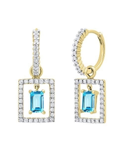 Collection 3.5MM X 4.5MM Emerald Shape Gemstone & Round White Diamond Ladies Huggies Dangling Earrings, Available in Various Gemstones in 10K/14K/18K Gold