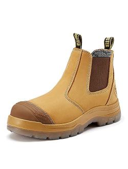 Gammon Work Boots for Men and Women, 6" Steel Toe Chelsea Boots, Wheat Safety Slip On Boots, Anti-fatigue, Nubuck Leather, Non slip, Breathable, Comfort, AK22