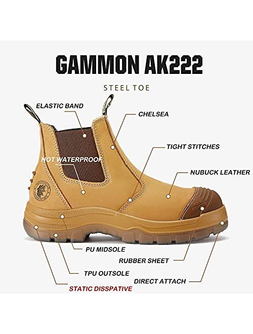 ROCKROOSTER Gammon Work Boots for Men and Women, 6" Steel Toe Chelsea Boots, Wheat Safety Slip On Boots, Anti-fatigue, Nubuck Leather, Non slip, Breathable, Comfort, AK22