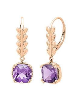 Collection 8 MM Each Cushion Gemstone Ladies Leaf Style Dangling Drop Earrings, Available in Various Gemstones in 10K/14K/18K Gold & 925 Sterling Silver