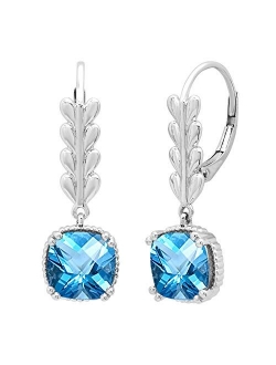 Collection 8 MM Each Cushion Gemstone Ladies Leaf Style Dangling Drop Earrings, Available in Various Gemstones in 10K/14K/18K Gold & 925 Sterling Silver