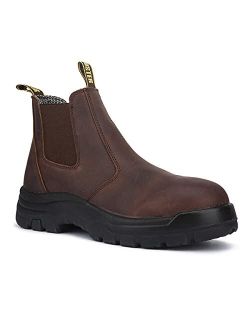 Soft Toe Work Boots for Men, 6'' Slip On Lace Less Oiled Leather Chelsea Boots, Arch Support, Coolmax, ASTM F2892-18 EH, AK224 Brown