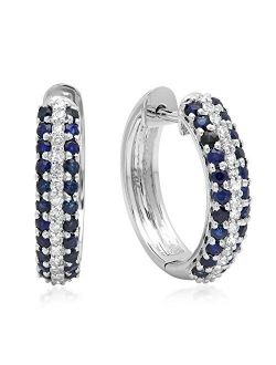 Collection 14K Round Blue Sapphire & White Diamond Ladies Pave Set Huggies Hoop Earrings, White Gold
