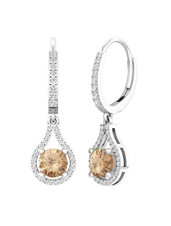 Collection 5.5 MM Round Gemstone & White Diamond Ladies Teardrop Frame Dangling Drop Earrings, Available in Various Gemstones in 10K/14K/18K Gold