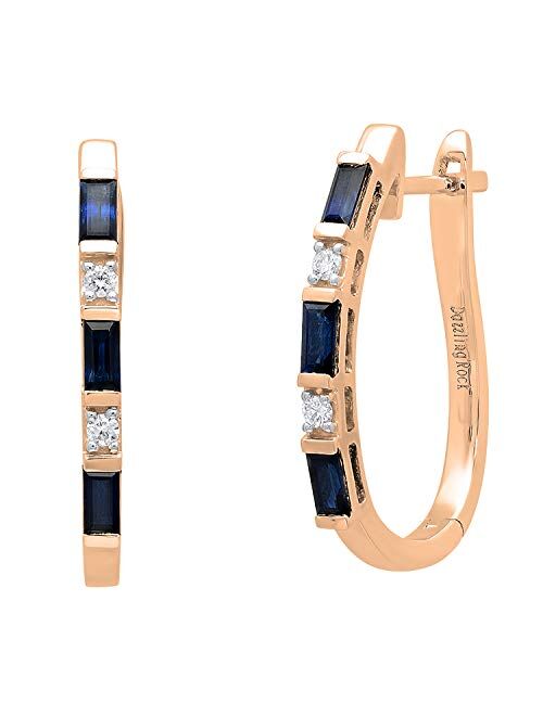 Dazzlingrock Collection 10K Gold Baguette Blue Sapphire & Round White Diamond Ladies Fashion Hoop Earrings