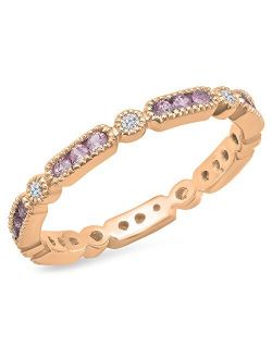 Collection 10K Round Pink Sapphire & White Diamond Ladies Vintage Wedding Eternity Stackable Band, Rose Gold
