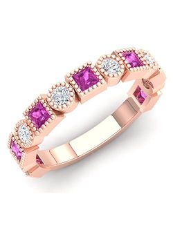 Collection 14K Gold Princess Cut Pink Sapphire & Round White Diamond Ladies Vintage Style Stackable Wedding Band