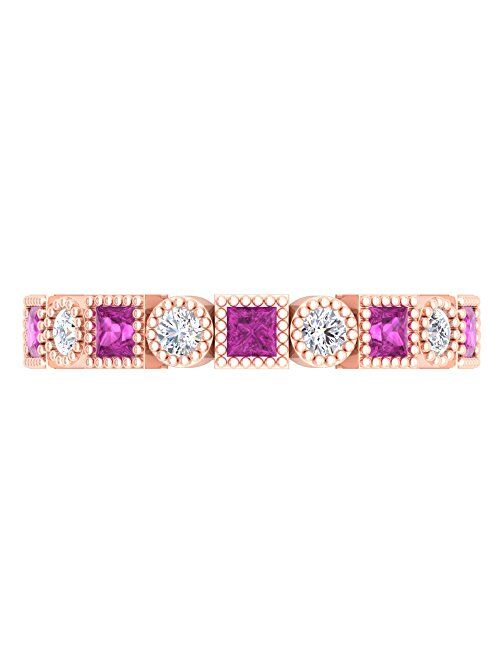 Dazzlingrock Collection 14K Gold Princess Cut Pink Sapphire & Round White Diamond Ladies Vintage Style Stackable Wedding Band