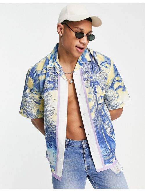 Topman boxy resort shirt with palm print in blue