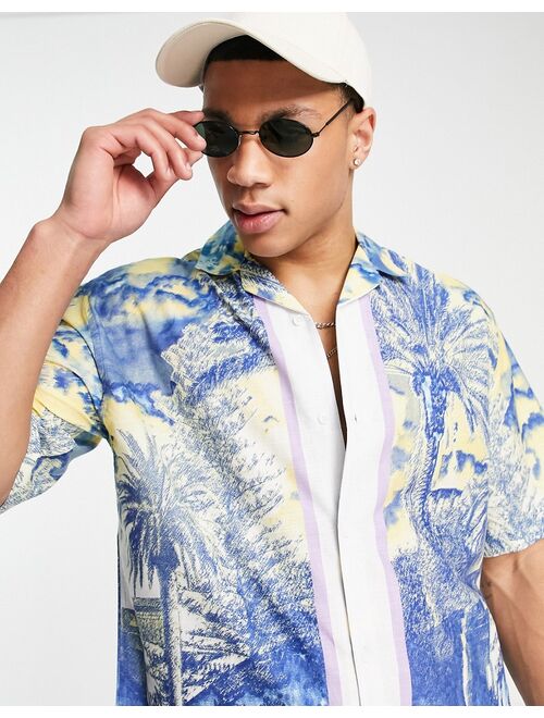 Topman boxy resort shirt with palm print in blue