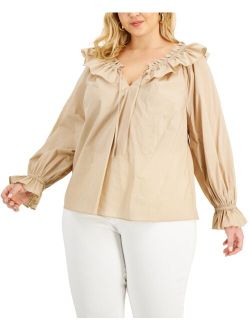 Plus Size Solid Tie-Neck Ruffled Blouse, Created for Macy's