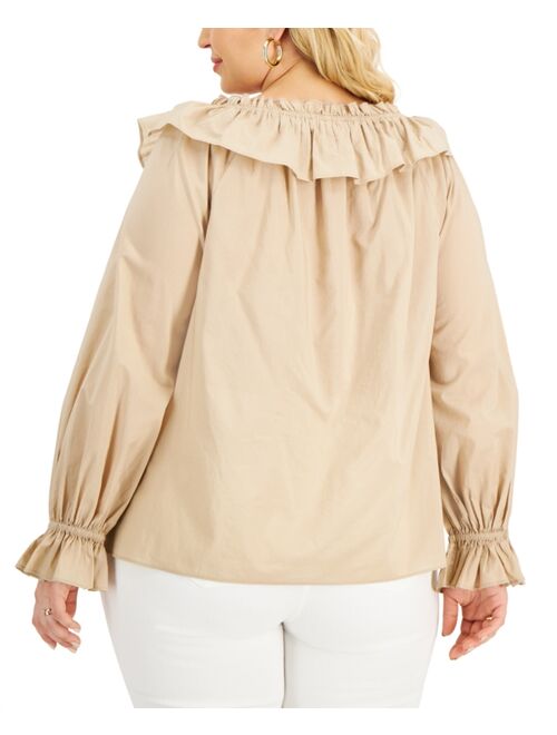 INC International Concepts Plus Size Solid Tie-Neck Ruffled Blouse, Created for Macy's