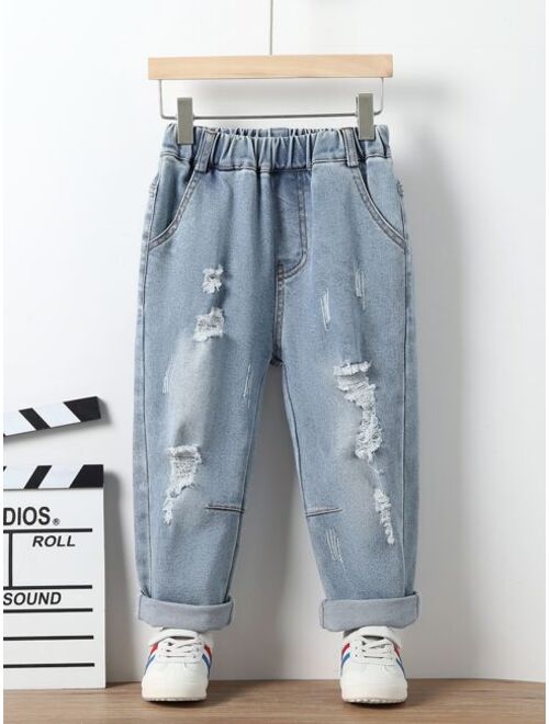 Shein Toddler Boys Ripped Frayed Cat Scratch Elastic Waist Jeans