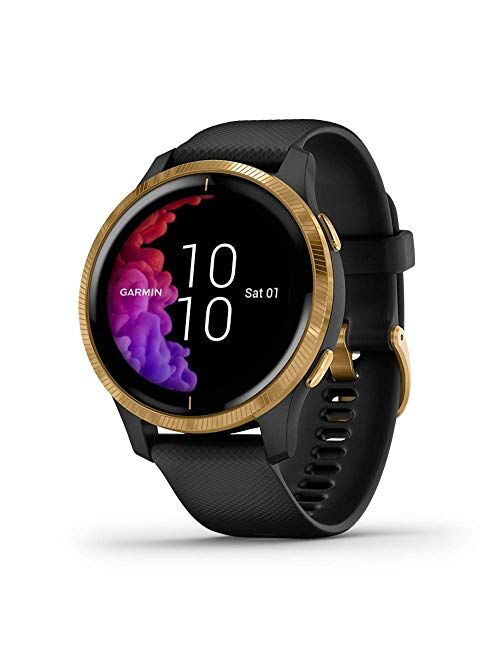 Garmin Venu, GPS Smartwatch with Bright Touchscreen Display, Features Music, Body Energy Monitoring, Animated Workouts, Pulse Ox Sensor and More, Gold with Black Band (Re