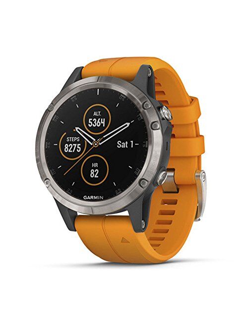 Garmin fenix 5 Plus, Premium Multisport GPS Smartwatch, Features Color Topo Maps, Heart Rate Monitoring, Music and Contactless Payment, Titanium with Orange Band