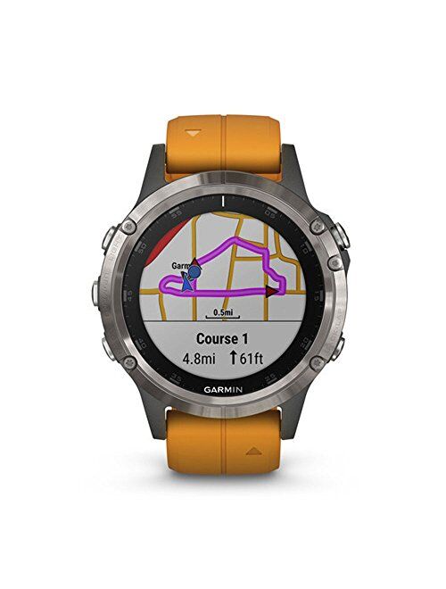 Garmin fenix 5 Plus, Premium Multisport GPS Smartwatch, Features Color Topo Maps, Heart Rate Monitoring, Music and Contactless Payment, Titanium with Orange Band