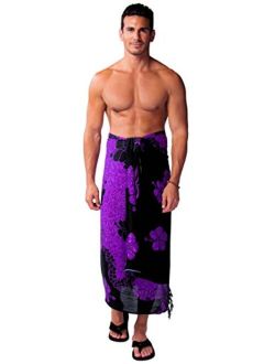 1 World Sarongs Mens Hibiscus Sarong in Purple/Black