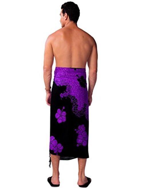 1 World Sarongs Mens Hibiscus Sarong in Purple/Black
