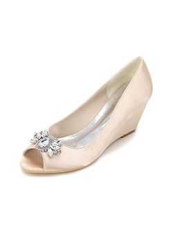 LLBubble Chunky Heels Satin Bridal Pumps Crystals Peep Toe Women Dress Shoes Y9140-10B
