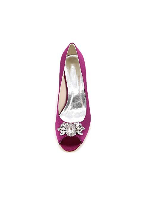 LLBubble Chunky Heels Satin Bridal Pumps Crystals Peep Toe Women Dress Shoes Y9140-10B