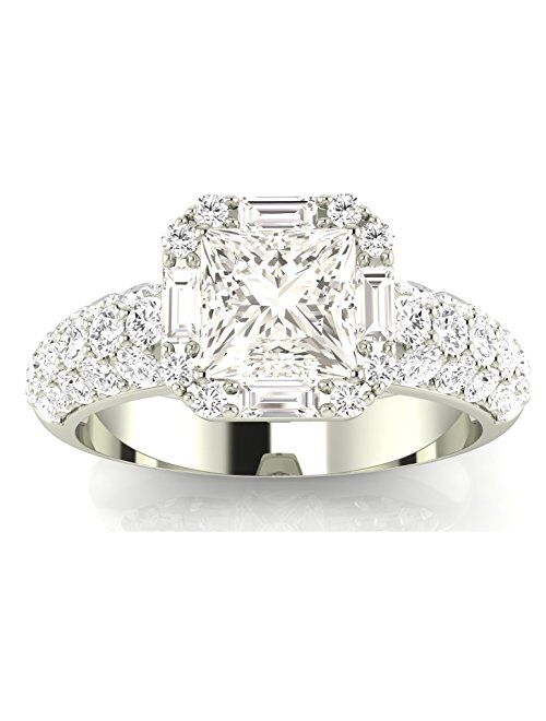 Houston Diamond District 1.4 Carat t.w. Princess Designer Popular Halo Style Baguette and Pave Set Round Diamond Engagement Ring J/VS2-SI1 Clarity Center Stones.