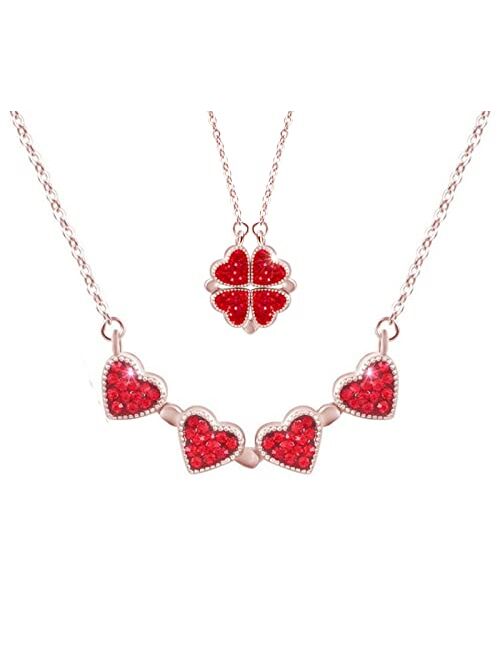 Yanchun Red Heart Necklace for Women Lucky Four Leaf Clover Necklace Magic Heart Shaped Necklace Mothers Day Gifts Jewelry Gifts for Mother Stepmother Mother in Law