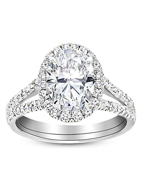 Houston Diamond District 2.18 Ctw 14K White Gold Split Shank Oval Cut Diamond Engagement Ring (1.68 Ct J Color SI1 Clarity Center Stone)
