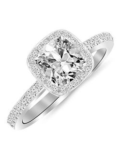 1 Carat t.w. 14K White Gold Classic Halo Style Cushion Shape Diamond Engagement Ring with a 3/4 Ct Forever Brilliant Cushion Moissanite Center