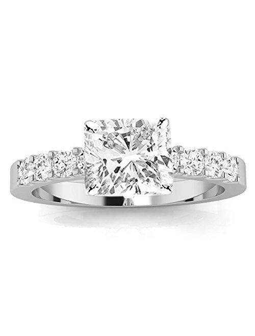 Houston Diamond District 2 Carat GIA Certified Cushion-Cut Classic Prong Set Diamond Engagement Ring (G-H Color VS1-VS2 Clarity Center Stones)