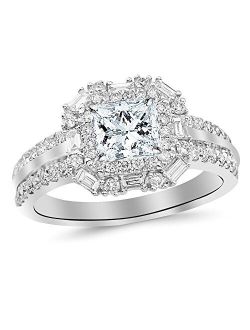 1.44 Carat t.w. Round Double Row Baguette and Round Halo Diamond Engagement Ring K I2 Clarity Center Stones.